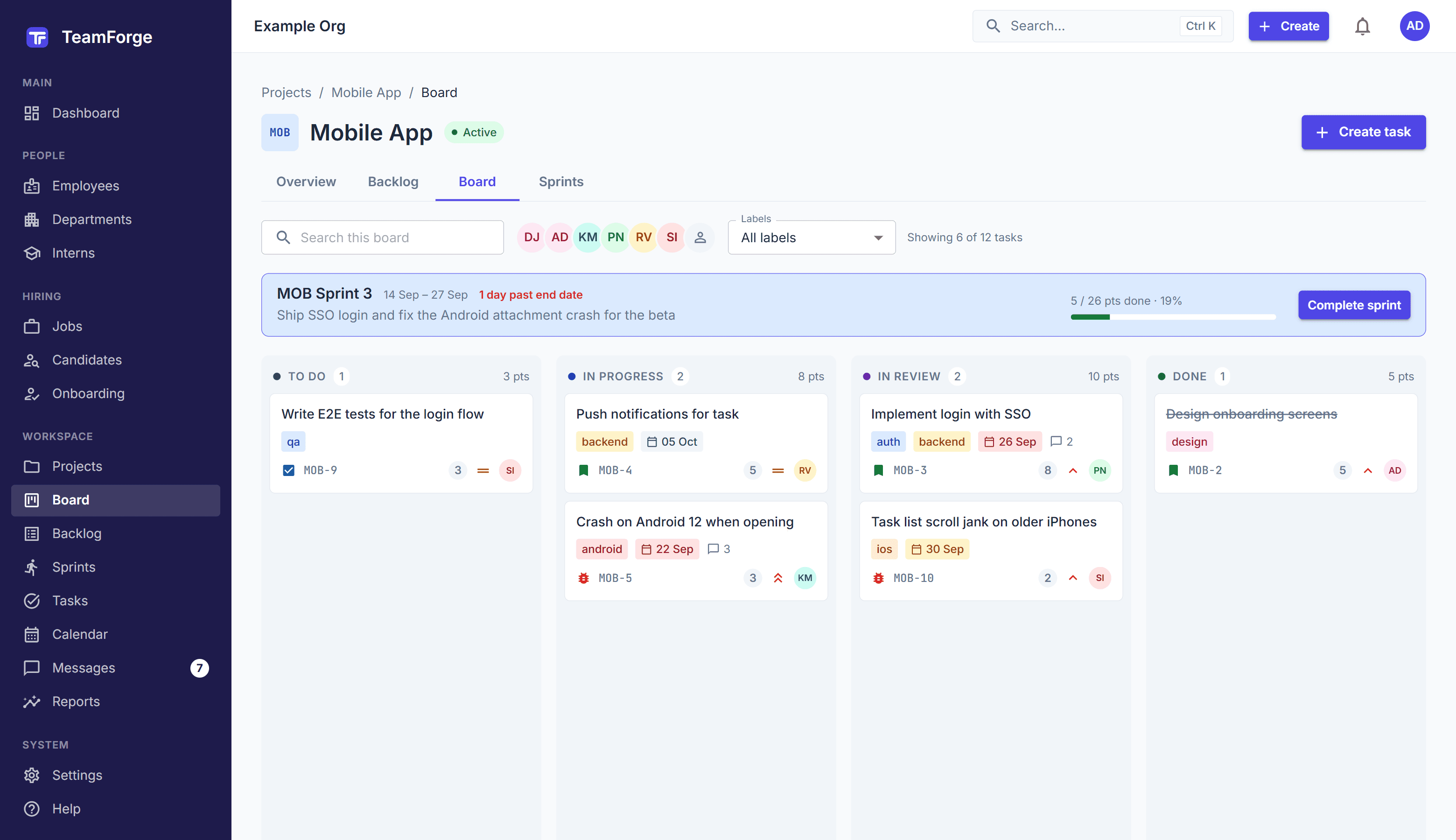 TeamForge: the Mobile App project's sprint board, with tasks in To do, In progress, In review and Done